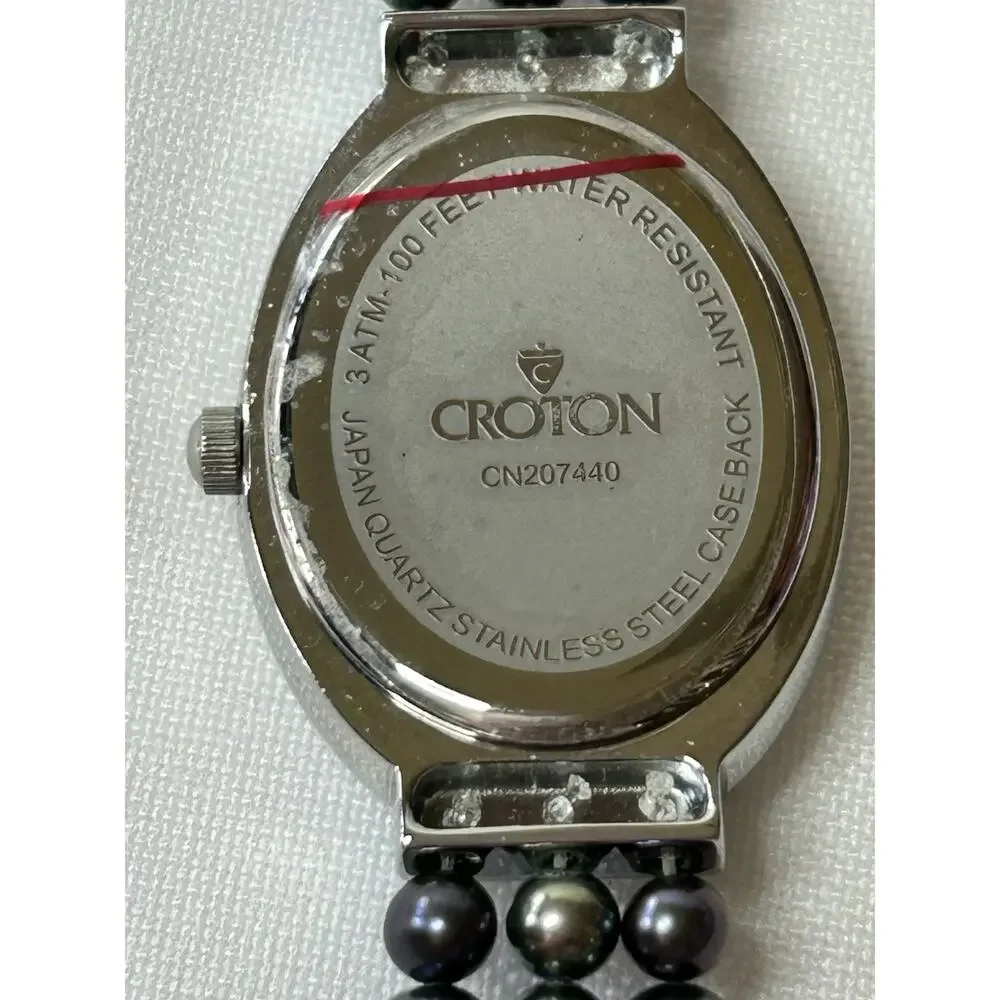 Croton Women's Mother of Pearl Watch & Bracelet Set Crystal Halo Tahitian Pearl